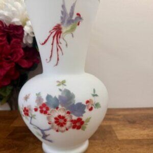 Antique‎ White Satin Bristol Glass Vase Hand Painted Floral and Bird Design